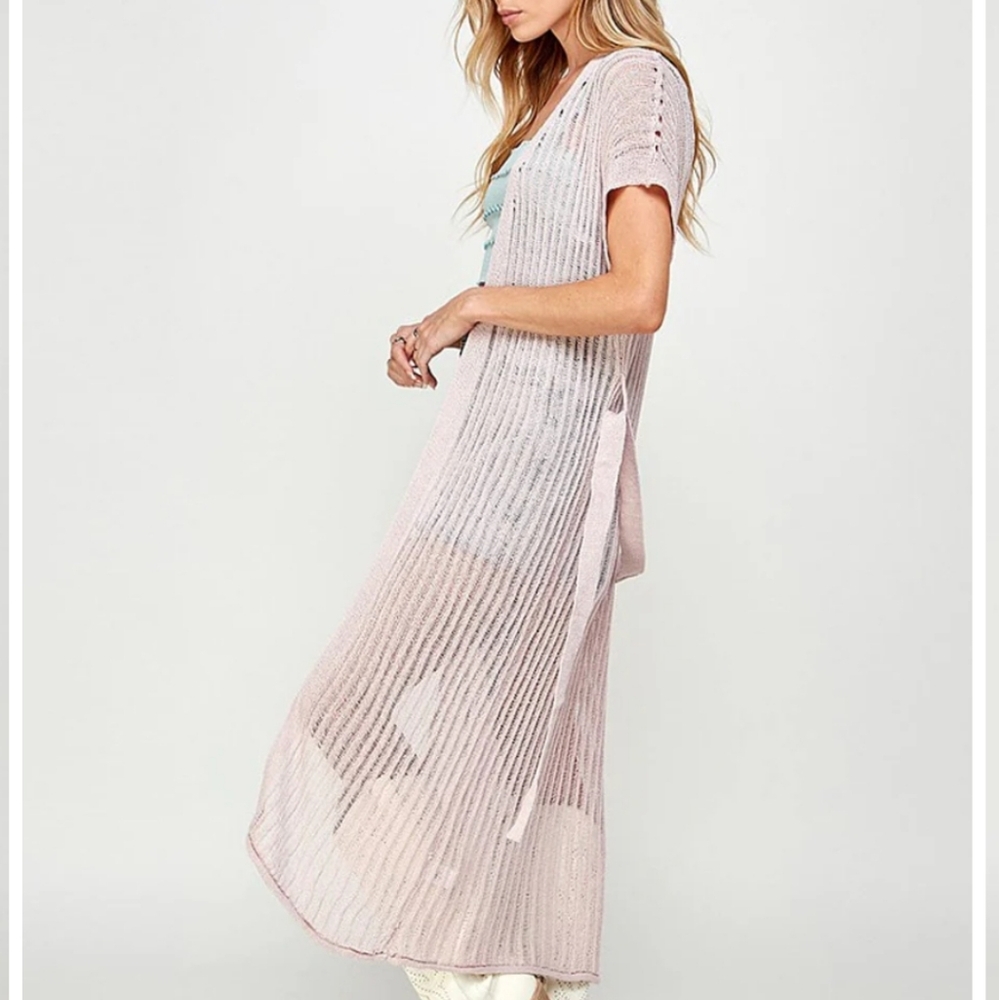 💵💵💵 B6 New Pink Sheer Knit Cardigan With Belt